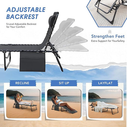 Flamaker Foldable Chaise Lounge Chair 5-Position Adjustable, Tanning Chair with Side Pocket, Outdoor Sunbathing for Pool, Beach, Patio, Lawn, Indoor Recliner Chair for Napping(Grey, 1 Pcs)