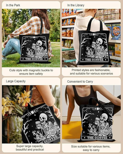 Miss Adola Canvas Tote Bag for Women – Aesthetic Canvas Bag with Zipper Cute Stylish Reusable Shoulder Totes for Shopping Work Daily Vacation, Coffee Skull