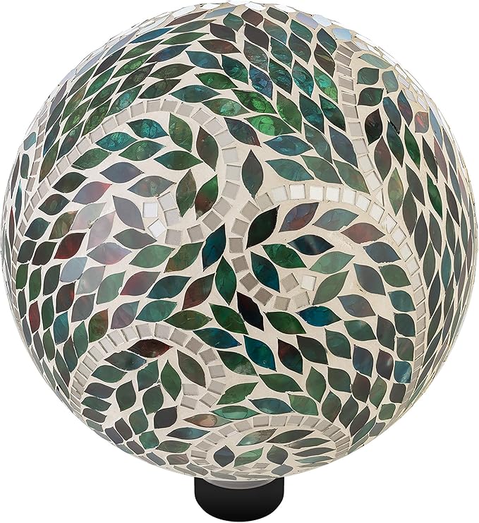 Alpine Corporation 10" Diameter Indoor/Outdoor Glass Mosaic Gazing Globe Yard Decoration, Scroll Leaf Pattern Design