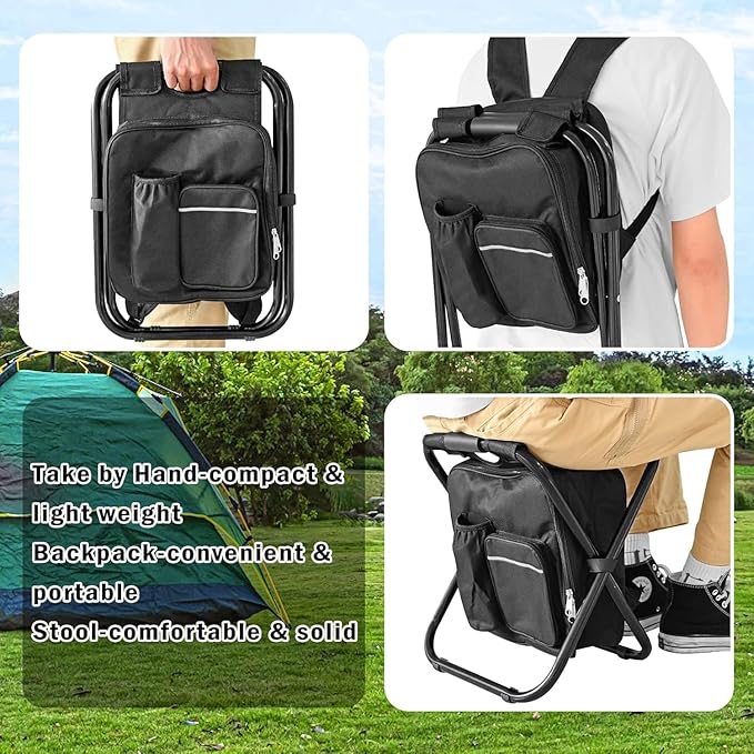 Kikerike Backpack Stool Cooler Chair Heavy Duty 300 LBS Max Load Portable Lightweight Folding Fishing Cooler for Camping Hunting Fishing - Black