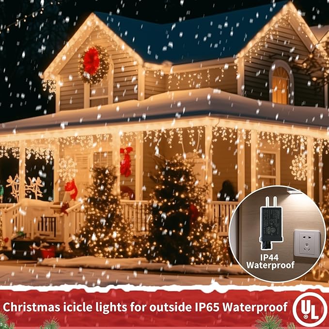 Plug-in Icicle Christmas Lights Waterproof - 65Ft 506 LED Icicle Lights for Outside Decorations with Remote, Warm White Icicle String Lights for Outdoor Indoor House Balcony Decor