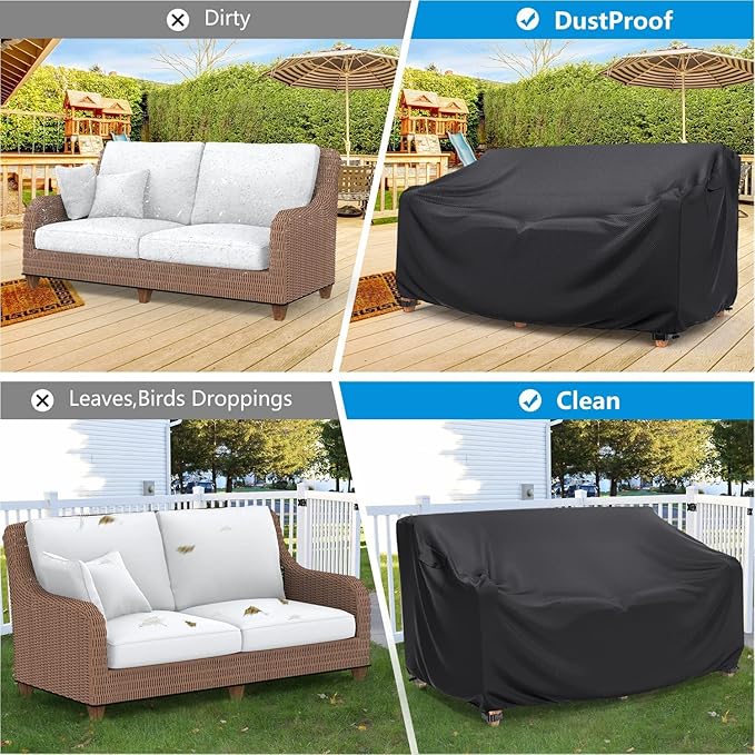 Heavy Duty Patio Sofa Cover Waterproof, Mrrihand 3-Seater Outdoor Sofa Loveseat Cover, Outdoor Patio Furniture Cover with Air Vent and Handles, 87" L×37" D×35" H, Black