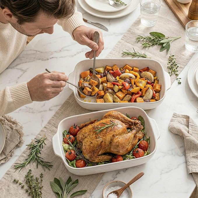 Baking Dish for Oven, Ceramic Casserole Dishes Set for 3, Rectangular Lasagna Pan Deep, Baking Pans with Handle, 12.9“/10.8"/8.4" Bakeware Sets for Cake, Casserole, Kitchen Wedding Gifts, Arctic White