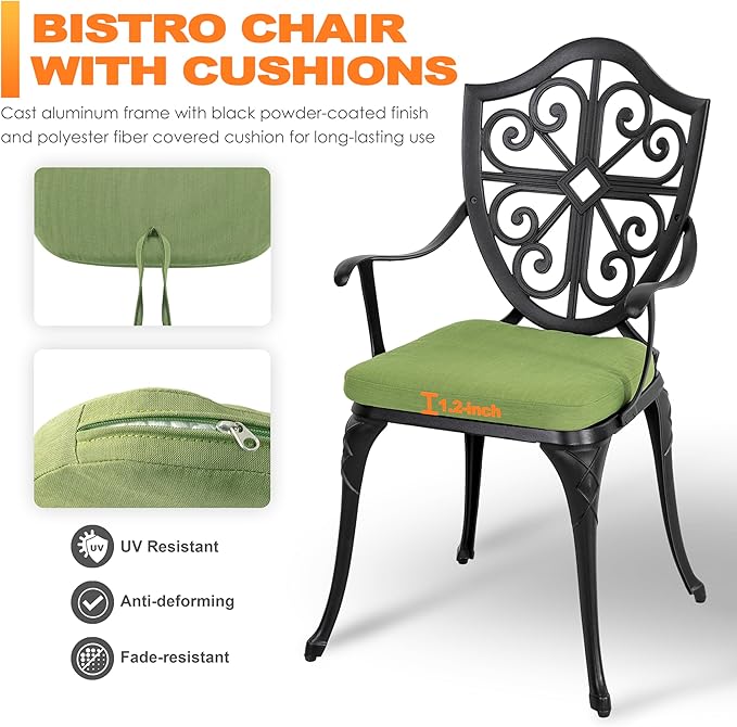 NUU GARDEN Outdoor 3-Piece Bistro Set with Cushions, Round 24 Inch Cast Aluminum Bistro Table with 2.17" Umbrella Hole, 2 Cast Aluminum Bistro Chairs, for Patio, Garden, Backyard and Balcony, Black