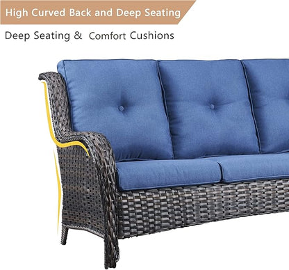 HUMMUH 4 Pieces Outdoor Furniture Patio Furniture Set Wicker Outdoor Sectional Sofa with Swivel Rocking Chairs,Outdoor Coffee Table,Brown/Blue