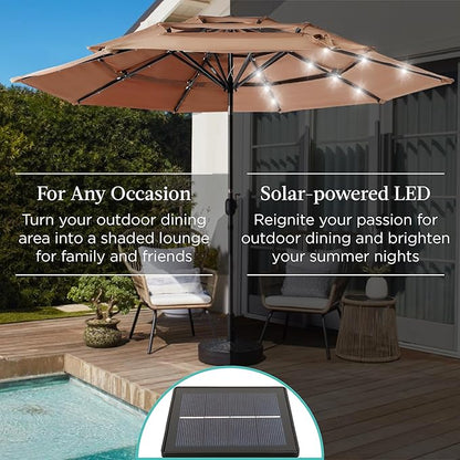 Best Choice Products 10ft 3-Tier Solar Patio Umbrella, Outdoor Market Sun Shade for Backyard, Deck, Poolside w/ 24 LED Lights, Tilt Adjustment, Easy Crank, 8 Ribs - Tan
