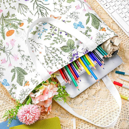 Bencailor 2 Pcs Spring Flower Canvas Tote Bags Reusable Wildflowers Herbs Plant Grocery Bags for Women Shopping Spring Gifts(Classic)