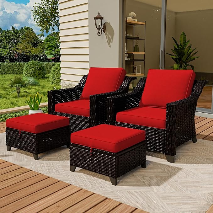 VistaVibe 4 Pieces Outdoor Patio Conversation Furniture Set - 2 Luxurious Armchairs | 2 Wicker Ottomans, Removable Cushions, Hand-Woven PE Rattan, Office, Porch (Brown/Red)
