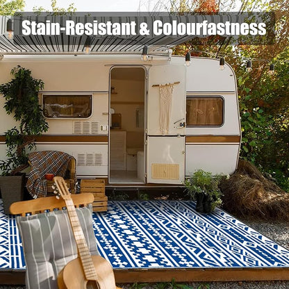 HUGEAR Outdoor Plastic Straw Rug, Waterproof Outdoor Rugs for Patios Clearance, Reversible Area Rug, Large Outside Carpet for Camping, Balcony, RV, Deck, Picnic, Beach 5x8ft Geometric Boho Blue&White