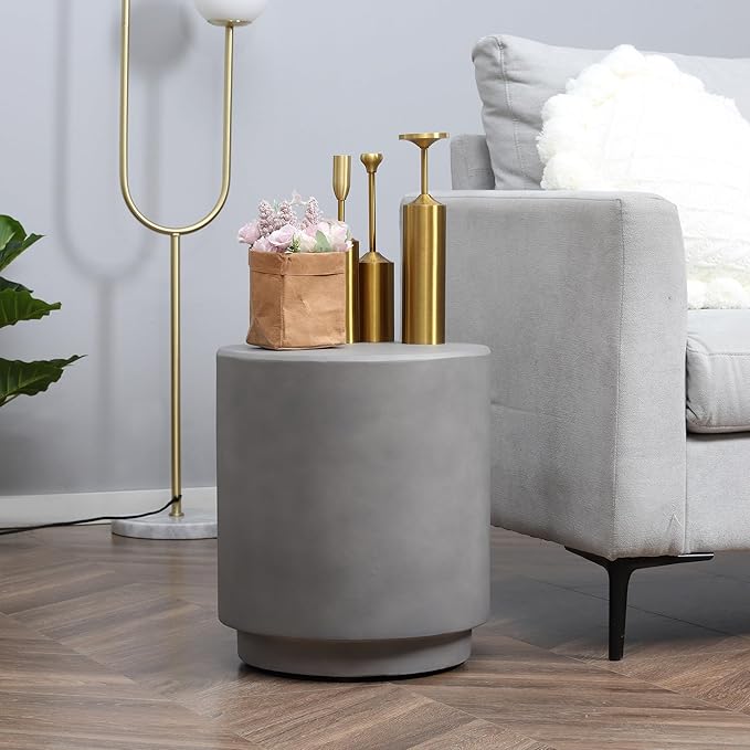 HOMCOM Round Side Table, Lightweight Accent Table with Concrete Finish, End Table with 4 Adjustable Feet for Indoor, Outdoor, Light Gray