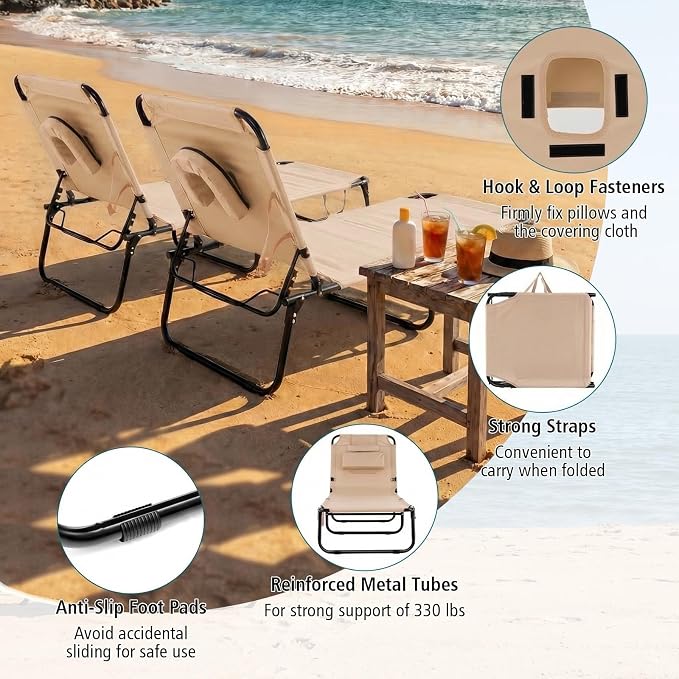 GYMAX Tanning Chair, 330lbs Beach Lounge Chair with Face Hole, Detachable Washable Pillow & Carry Strap, Adjustable Folding Chaise Lounge, Layout Chair for Outside, Patio, Poolside, Lawn (1, Beige)