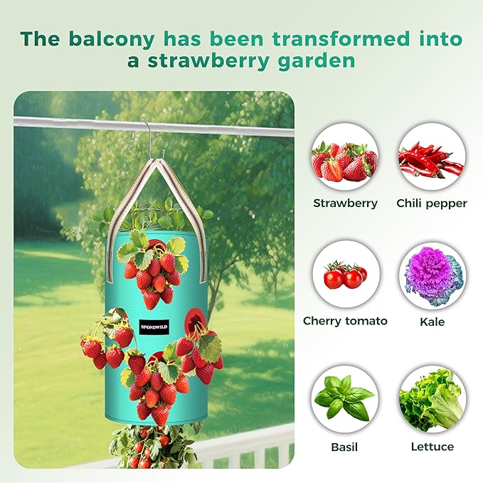 3 Pack 3 Gallon Hanging Strawberry Planter Bags, 12 Holes PE Grow Bags with Bottom Drainage, Reusable Vertical Planters for Small Space Gardening(Green)