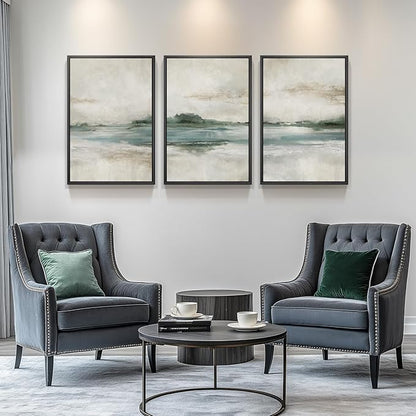 Framed Abstract Landscape Wall Art, Set of 3 Canvas Prints Paintings Artwork for Walls, Soft Blue and Green Nature Pictures for Living Room, Bedroom, Lounge, Dining Room Wall Decor 16x24 In