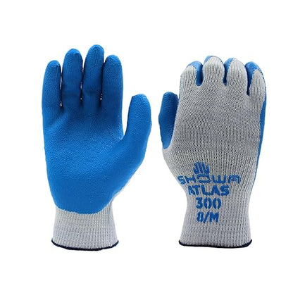 SHOWA Atlas 300 Original 1994 Crinkle Grip Work Gloves, Natural Latex Palm, Heavy Duty 10-Gauge for Construction, Landscaping, Gardening, & Masonry, Blue, Large, 12-Pair