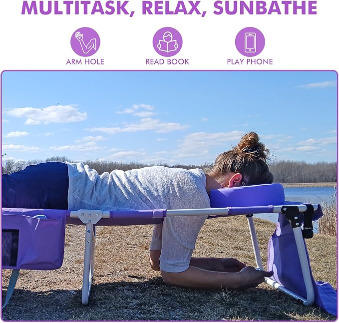 Tanning Chair with Sun Canopy Face Hole Softer Padded Adjustable Washable, Heavy Duty Layout Folding Lounge Chair for Adults Outside Beach Reading Sunbathing Poolside Lawn, UPF 50+ Sun Shade, 300 LBS