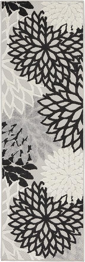Nourison Aloha Indoor/Outdoor Black White 2'3'' x 8' Area-Rug, Tropical, Botanical, Easy-Cleaning, Non Shedding, Bed Room, Living Room, Dining Room, Deck, Backyard, Patio (2x8)