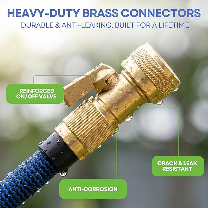 J&B XpandaHose 75ft Expandable Garden Hose with Holder - Heavy Duty Superior Strength 3750D - 4 -Layer Latex Core - Extra Strong Brass Connectors and 10 Spray Nozzle w/Storage Bag (Blue 75)
