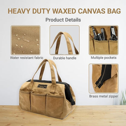 Tool Tote, 13-inch Heavy Duty Waxed Canvas Wide Mouth Tool Bag, Open Top tool Pouch with Handle for Tools, Wrenches, Screwdrivers (13 X 7 X 9 inch) | Khaki