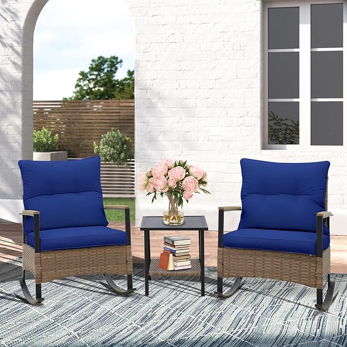 EAGLE PEAK 3 Piece Mojave Dusk Outdoor Conversation Set, Patio Wicker Furniture, 2 Rocking Chairs and Side Table, Light Brown/Blue