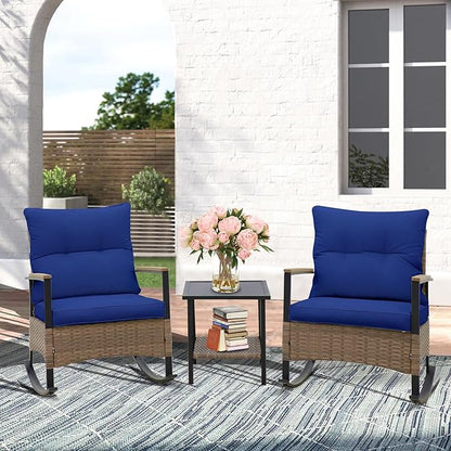 EAGLE PEAK 3 Piece Mojave Dusk Outdoor Conversation Set, Patio Wicker Furniture, 2 Rocking Chairs and Side Table, Light Brown/Blue