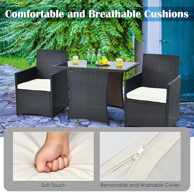 HAPPYGRILL 3-Pieces Outdoor Wicker Bistro Set PE Rattan Dining Table Set with Cushioned Chairs, Patio Conversation Set for Backyard Porch Garden and Poolside