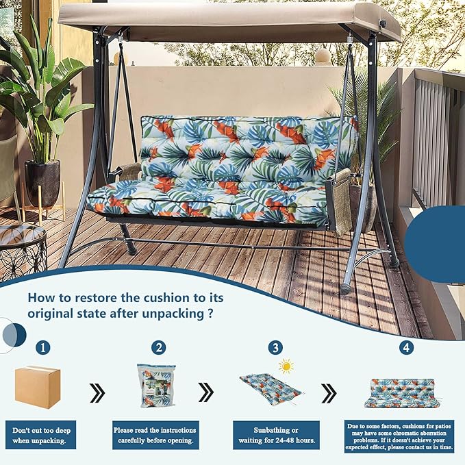 2/3 Seater Swing Replacement Cushion, Waterproof Porch Swing Cushions with Backrest, Thickened Bench Cushions for Outdoor Furniture, for Outdoor Patio Swing (Summer, 63 * 40in)