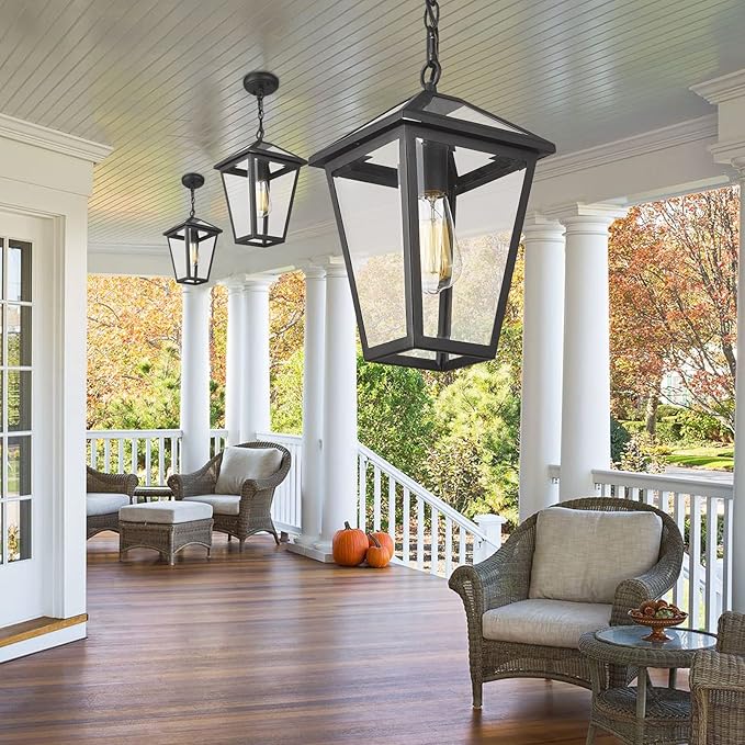 Outdoor Pendant Light for Porch, Exterior Hanging Lantern Outside Chandelier in Black Finish with Clear Glass, Ceiling Mount Outdoor Lighting for Entryway, Doorway, Farmhouse, Waterproof