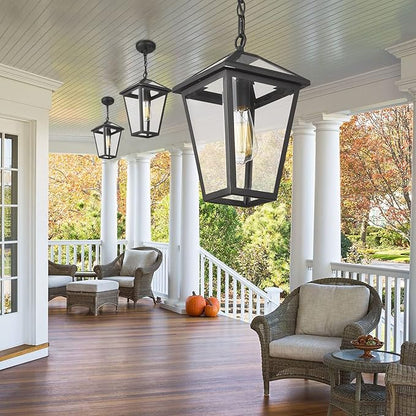 Outdoor Pendant Light for Porch, Exterior Hanging Lantern Outside Chandelier in Black Finish with Clear Glass, Ceiling Mount Outdoor Lighting for Entryway, Doorway, Farmhouse, Waterproof