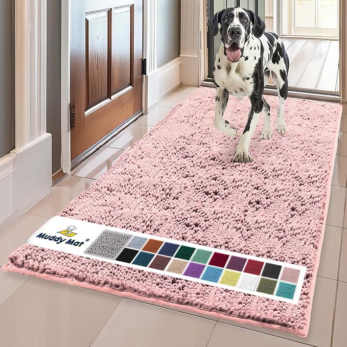 Muddy Mat® | Super Water Absorbent Door Mat Indoor, Microfiber Quick Dry Chenille Entryway Rug,Slip Resistant Front Door Mat,Indoor Mats for Entryway,Machine Washable Pet Rug, Light Pink 24" x 120"