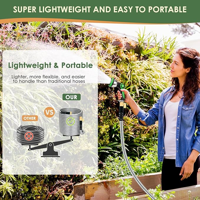 FlexiSolve Stainless Steel Garden Hose 25 ft - Heavy Duty Durable Metal Water Hose, Kink Resistant, Lightweight, Flexible, Rust Proof, UV Resistant - Ideal for Yard, Lawn, Plant Watering & Car Washing