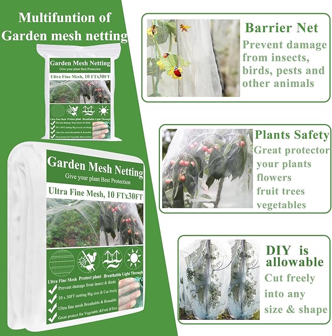 Garden Netting Kit for Raised Beds, 10x30FT Ultra Fine Mesh Netting＆ 6 Sets Garden Hoops, Garden Bed Row Cover Insect Netting Garden Hoop for Raised Bed Vegetable Plant Flowers Fruit Protection Net