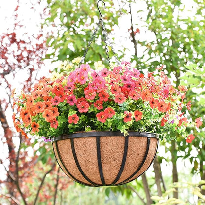 4 Pack 12 Inch Hanging Planters for Outdoor Plants Metal Hanging Planter Basket with Coco Coir Liner Round Plant Black Flat Iron Metal Flower Pots for Deck Patio Porch Garden Balcony