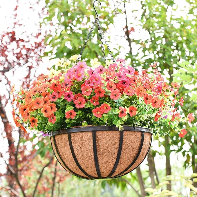 4 Pack 16 Inch Hanging Planters for Outdoor Plants Metal Hanging Planter Basket with Coco Coir Liner Round Plant Black Flat Iron Metal Flower Pots for Deck Patio Porch Garden Balcony