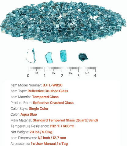 VEVOR Fire Glass, 20 LBS / 9 KG High-Temperature Resistant Fireplace Rocks, 1/2-Inch / 12.7 mm Reflective & Smokeless Firepit Glass Rock, High Luster Stone Landscaping for Fire Pit Table, Aqua Blue