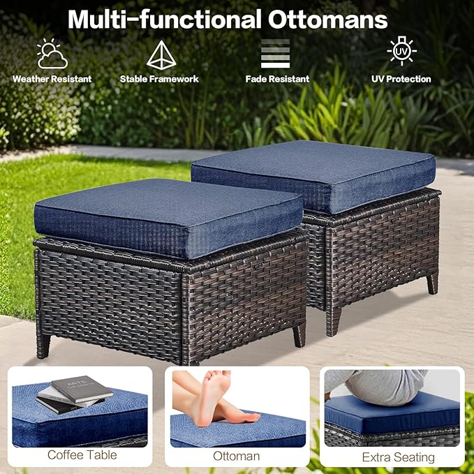 5 Pieces Outdoor Patio Furniture Conversation Set PE Rattan Wicker with a 3-Seater Sofa, 2 Armchairs, 2 Outdoor Ottomans for Yard Backyard (Brown/Navy Blue)
