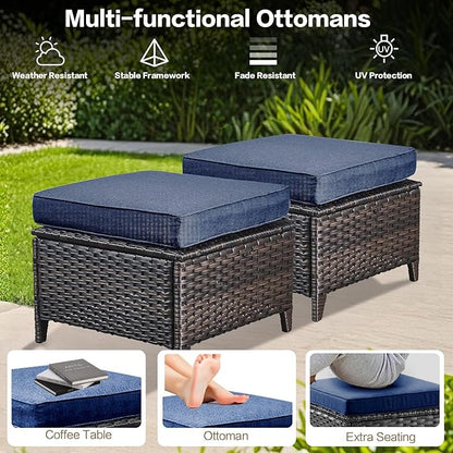 5 Pieces Outdoor Patio Furniture Conversation Set PE Rattan Wicker with a 3-Seater Sofa, 2 Armchairs, 2 Outdoor Ottomans for Yard Backyard (Brown/Navy Blue)