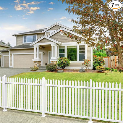 Patio 7 Sets Vinyl Picket Fence Panels 36" H x 84" W White PVC Decorative Fence for Front Yard Porch Patio Deck Pool Air Conditioner Fence Safety Dog Fence (34 Pickets, Straight)