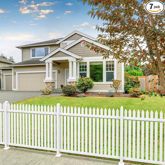 Patio 7 Sets Vinyl Picket Fence Panels 36" H x 84" W White PVC Decorative Fence for Front Yard Porch Patio Deck Pool Air Conditioner Fence Safety Dog Fence (34 Pickets, Straight)