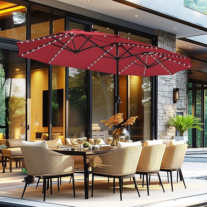 GREEN PARTY 13 ft Rectangle Patio Umbrella with Solar Lights, Double-Sided Market Table Umbrella with Crank, Large Outdoor Umbrellas for Patio Poolside Garden Backyard, Burgundy Red