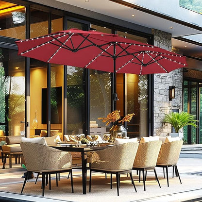 GREEN PARTY 13 ft Rectangle Patio Umbrella with Solar Lights, Double-Sided Market Table Umbrella with Crank, Large Outdoor Umbrellas for Patio Poolside Garden Backyard, Burgundy Red