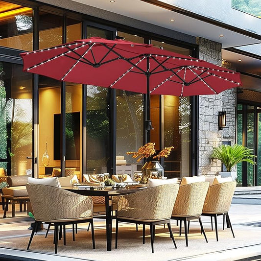 GREEN PARTY 13 ft Rectangle Patio Umbrella with Solar Lights, Double-Sided Market Table Umbrella with Crank, Large Outdoor Umbrellas for Patio Poolside Garden Backyard, Burgundy Red