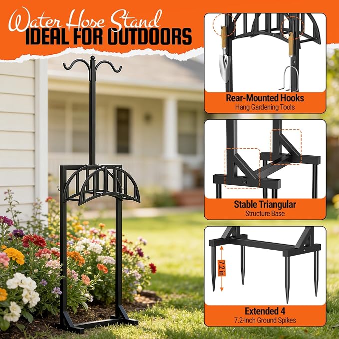 Garden Hose Reel Holder, Water Hose Stand for Outside with 4 Stake and 2 Shepherds Hooks, Freestanding Hose Storage Holds 150Ft, Heavy-Duty Metal Hose Hanger Rack for Yard, Lawn, Farm, Coffee