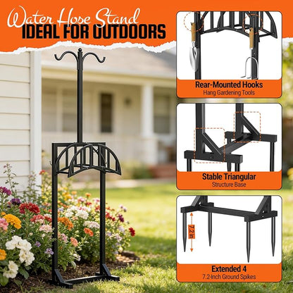 Garden Hose Reel Holder, Water Hose Stand for Outside with 4 Stake and 2 Shepherds Hooks, Freestanding Hose Storage Holds 150Ft, Heavy-Duty Metal Hose Hanger Rack for Yard, Lawn, Farm, Coffee