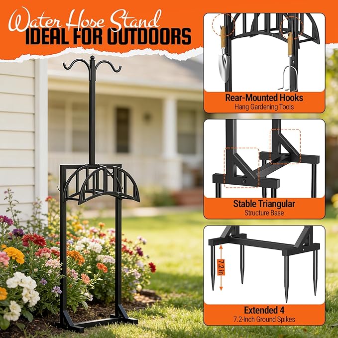 Garden Hose Holder, Water Hose Stand for Outside with 4 Stake and 2 Shepherds Hooks, Freestanding Hose Storage Holds 150Ft, Heavy-Duty Metal Hose Hanger Rack for Yard, Lawn, Farm