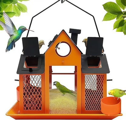 Solar Bird Feeders House for Outside Hanging, Metal Wild Bird Feeder for Outdoors Large Capacity Cardinal Birdfeeder Birdhouses Metal Bird Feeding Station Orange