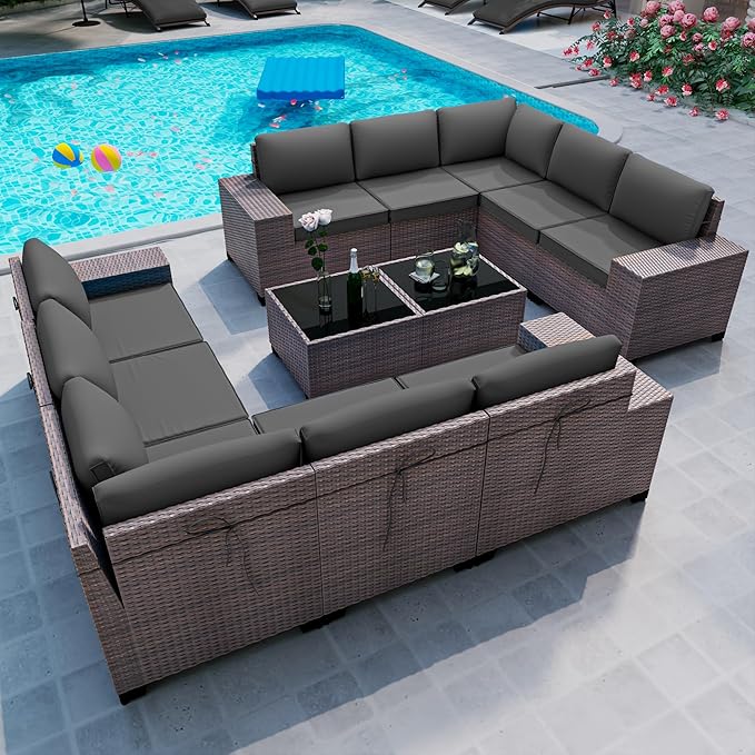 12PCS Outdoor Patio Furniture Set,PE Rattan Wicker Patio Conversation Set with Washable Cushions & Glass Coffee Table,Patio Sectional Furniture Set for Garden, Poolside, Backyard,Grey