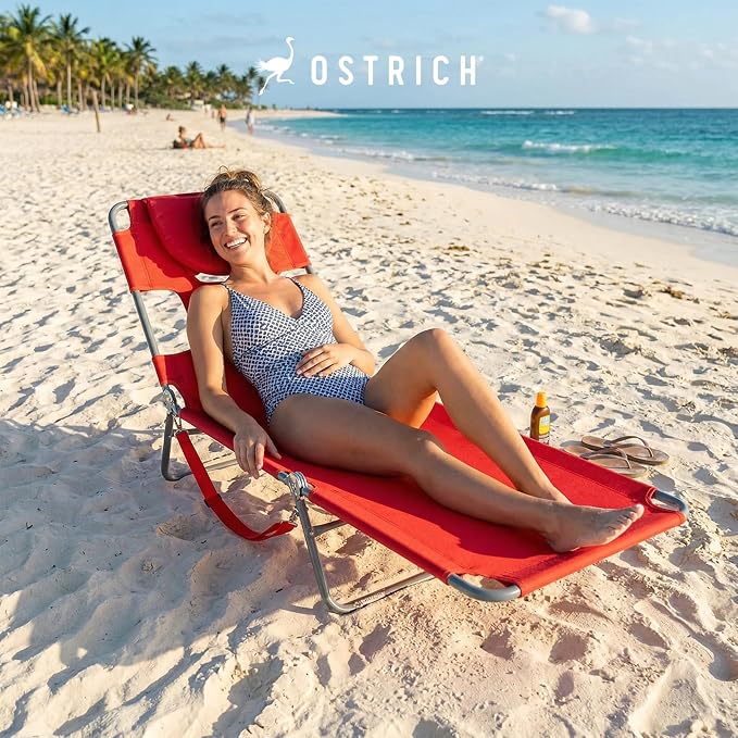 Ostrich the Original Chaise 72 x 22 Inch Lounge Portable Reclining Lounger, Outdoor Patio, Beach, Lawn, Camping, or Pool Tanning Chair, Red