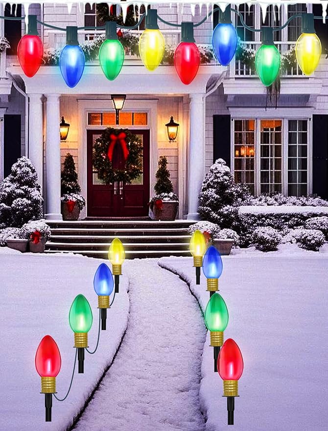 Jumbo C9 Christmas Pathway Lights Outdoor, 2Pk Total 14Ft Outdoor Christmas Decorations with 8 LED Jumbo C9 Clear Multicolor Bulbs Walkway Lights for Lawn Holiday Yard Garden Sidewalk