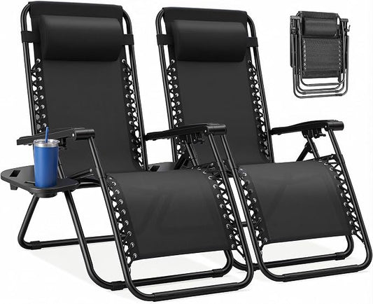 NEWBULIG Zero Gravity Chairs Set of 2, Lounge Chair Folding Portable Adjustable Camping Reclining Chairs with Adjustable Pollow, Mesh Back, Cup Holder Trays Lawn Patio Chair for Pool Beach