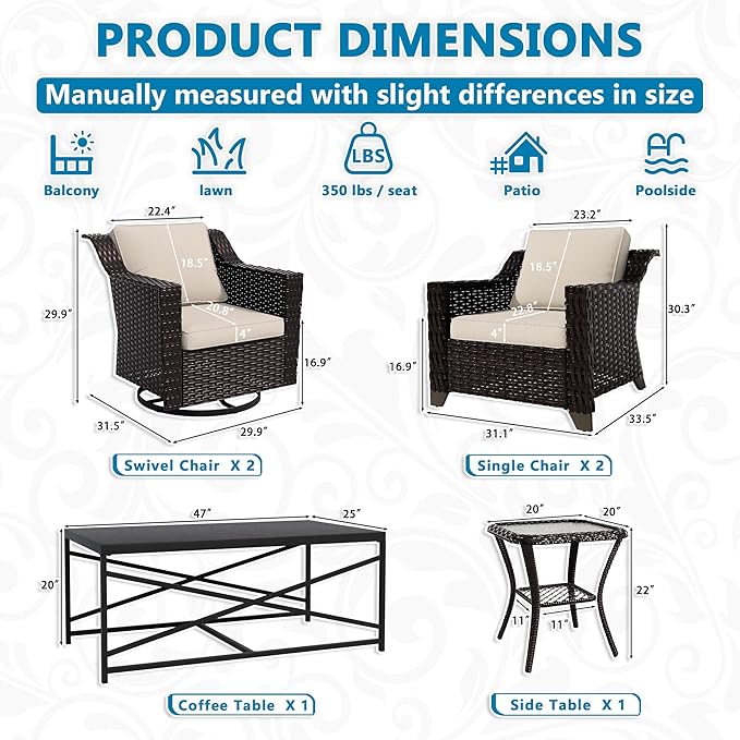 Vista Vibe 6 Pieces Outdoor Rattan Patio Conversation Furniture Set - 360 Degree Swivel Glider Rocker Chairs | Coffee Table | 2 Wicker Chairs, Washable Cushions, Terrace, Sunroom (Brown/Beige)